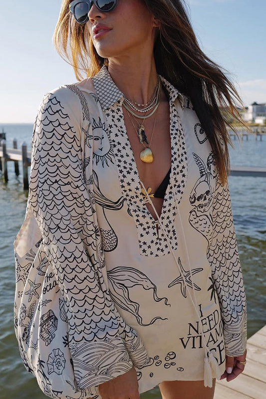 ' Wealthy Satin Unique Printed Tassel Shirt and Elastic Waist Shorts Set