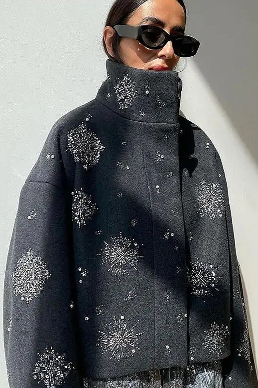 Rhinestone Turtleneck Loose Coat