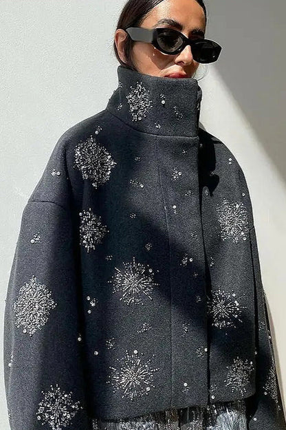 Rhinestone Turtleneck Loose Coat