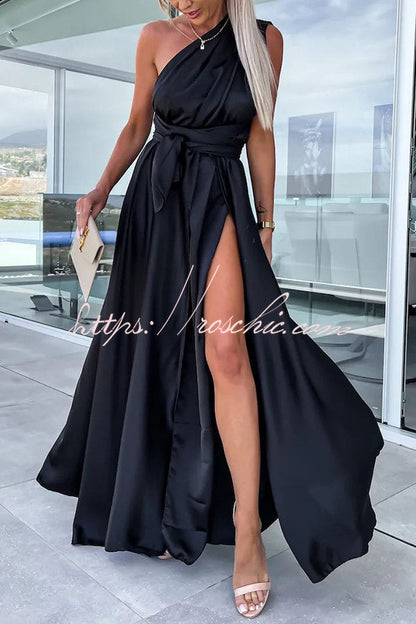 Different Effects Satin Free Tie Neck Slit Maxi Dress
