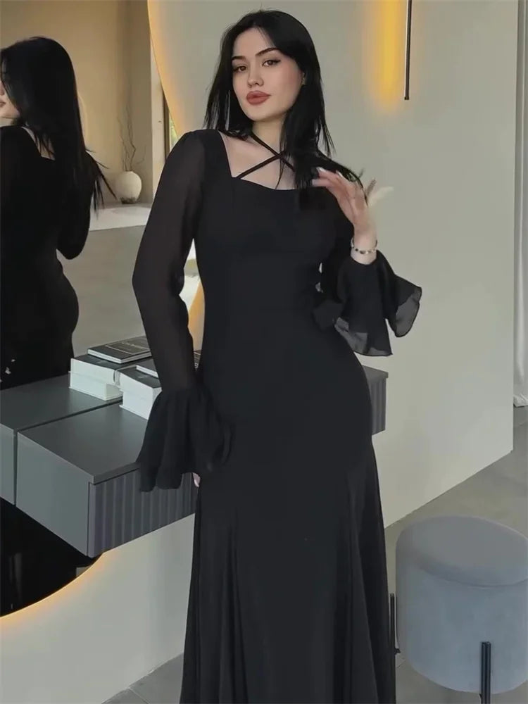 Autumn Ruffled Long Dress Bandage Slim High Waist Patchwork Party Dress ’s Chiffon Maxi Dress