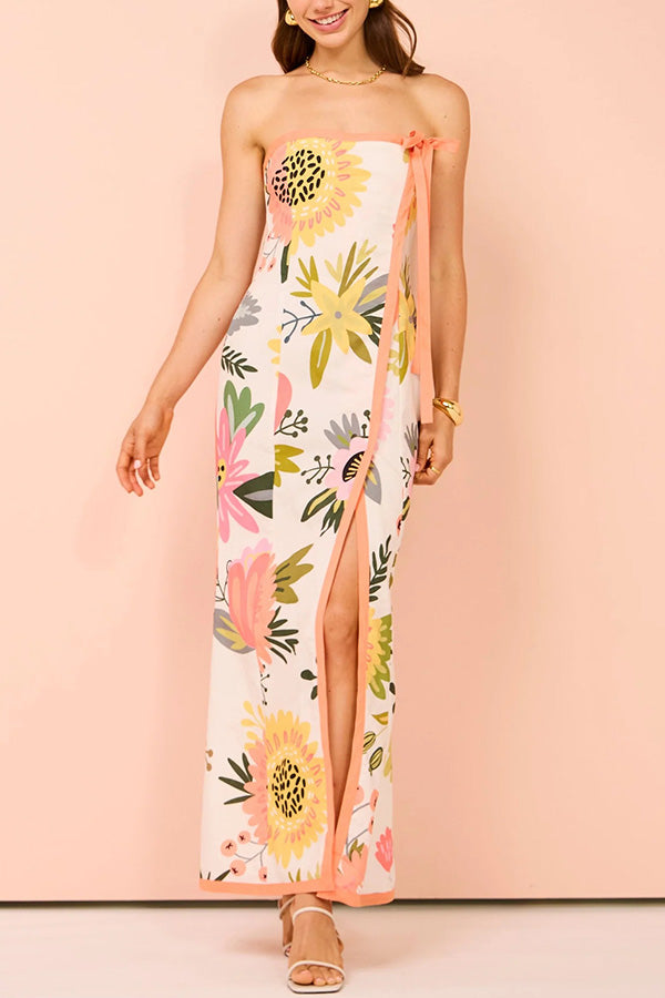 Inessa Linen Blend Print Strapless Wrap Bow Maxi Dress