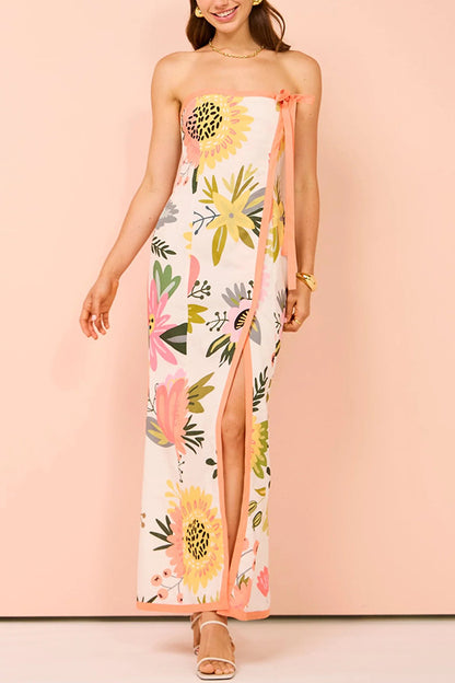 Inessa Linen Blend Print Strapless Wrap Bow Maxi Dress