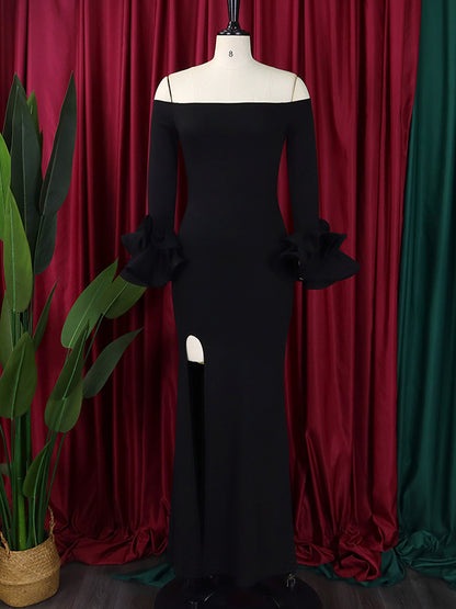 Bodycon Flared Sleeves Falbala Color Split-side Off-the-shoulder Maxi Dresses