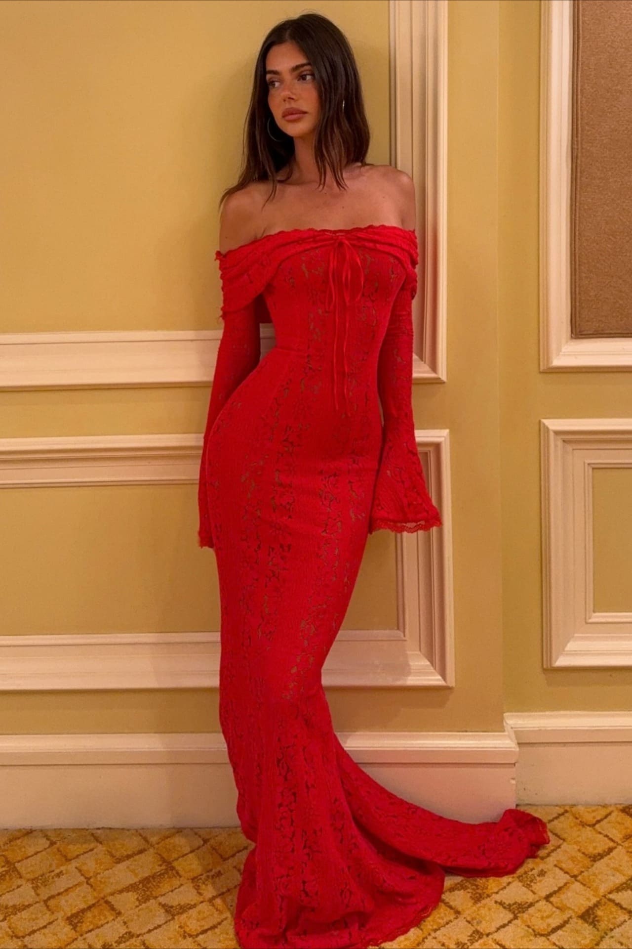 Off Shoulder Lace Flare Sleeve Fitted Train Maxi Dress