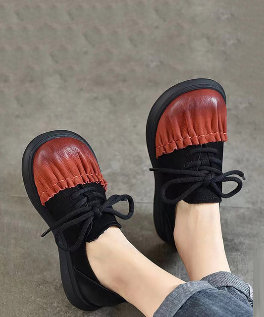 Red Cowhide Leather Wrinkle Splicing Lace Up Flats Shoes