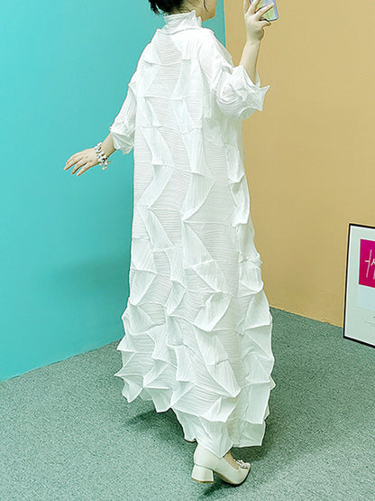 Long Sleeves Loose Pleated Color Stand Collar Maxi Dresses