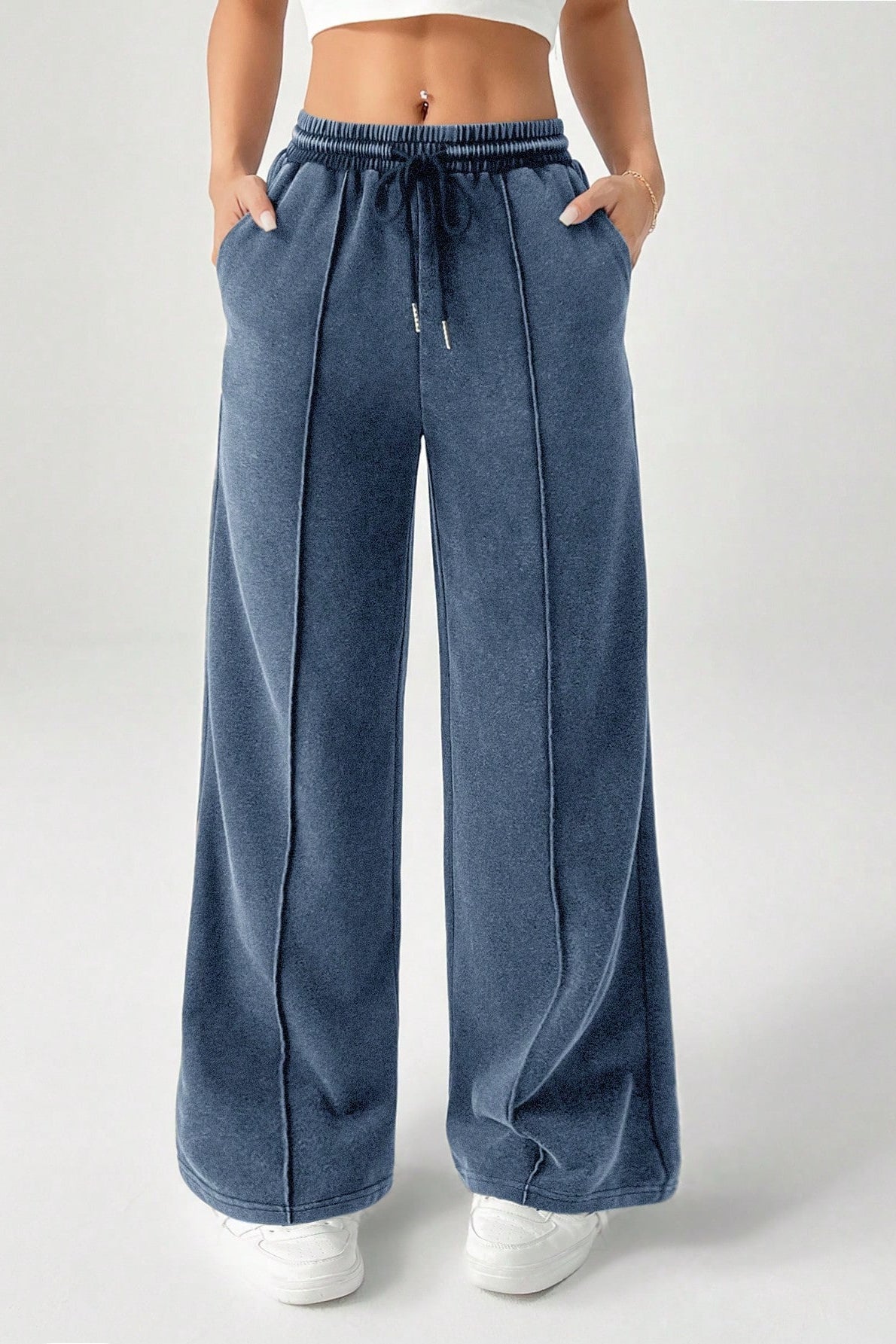 Color Drawstring Waist Wide Leg Sweat Pants