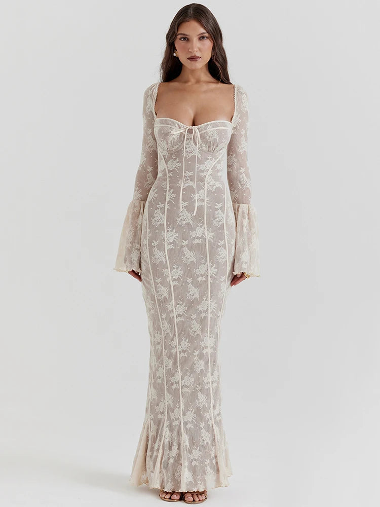 Lace Print Long Flare Sleeve Maxi Dress for Square Collar Backless Bodycon Club Party Dress