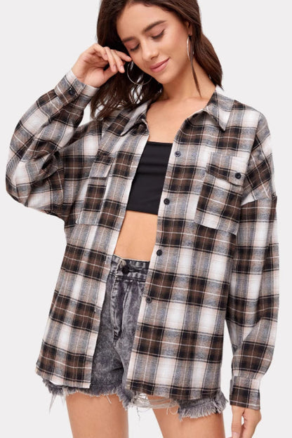 Plaid Stand Collar Button Shirt Blouse