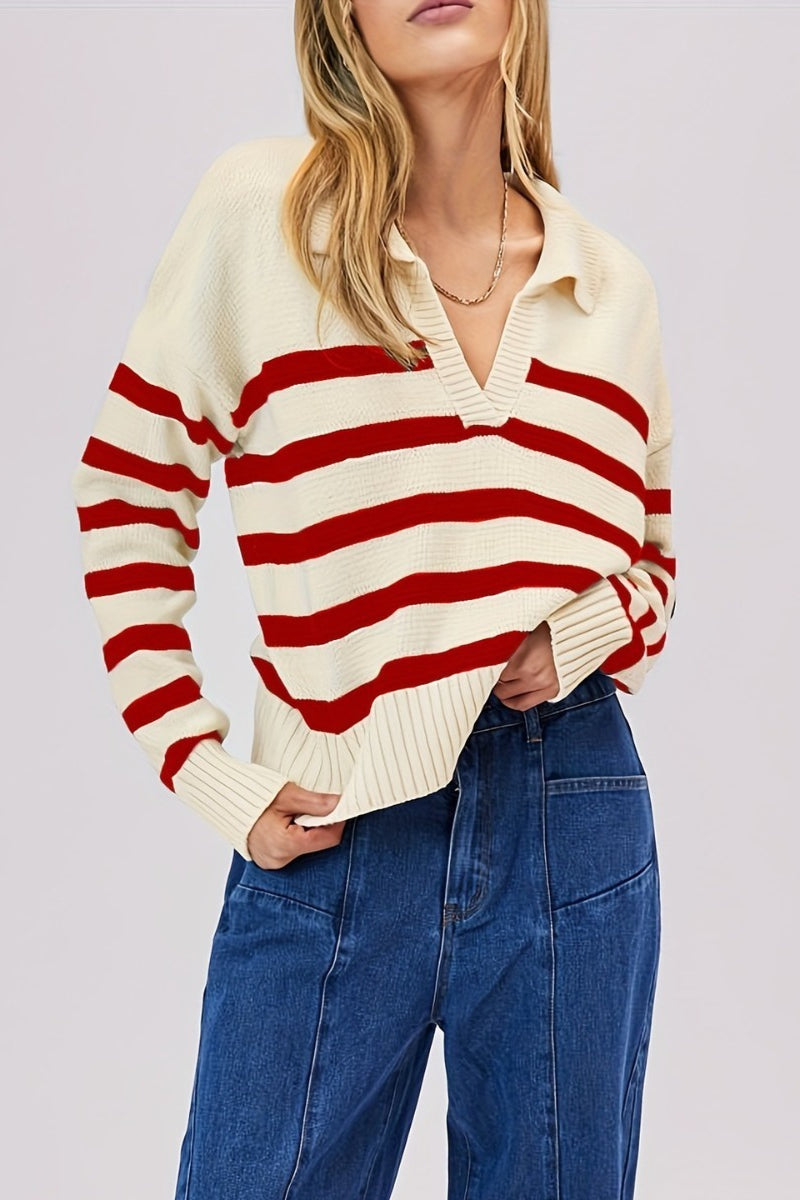 Striped Wool Collar V-neck Sweater