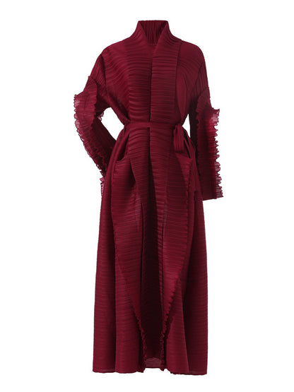 Long Sleeves Loose Tied Pleated Stand Collar Midi Dresses