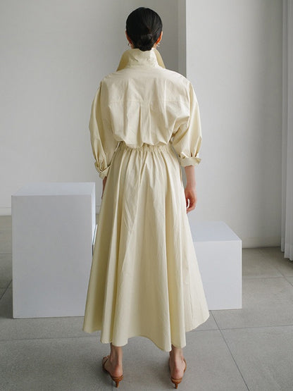 Long Sleeves Loose Pleated Color Split-joint Tied Waist Lapel Midi Dresses Shirt Dress