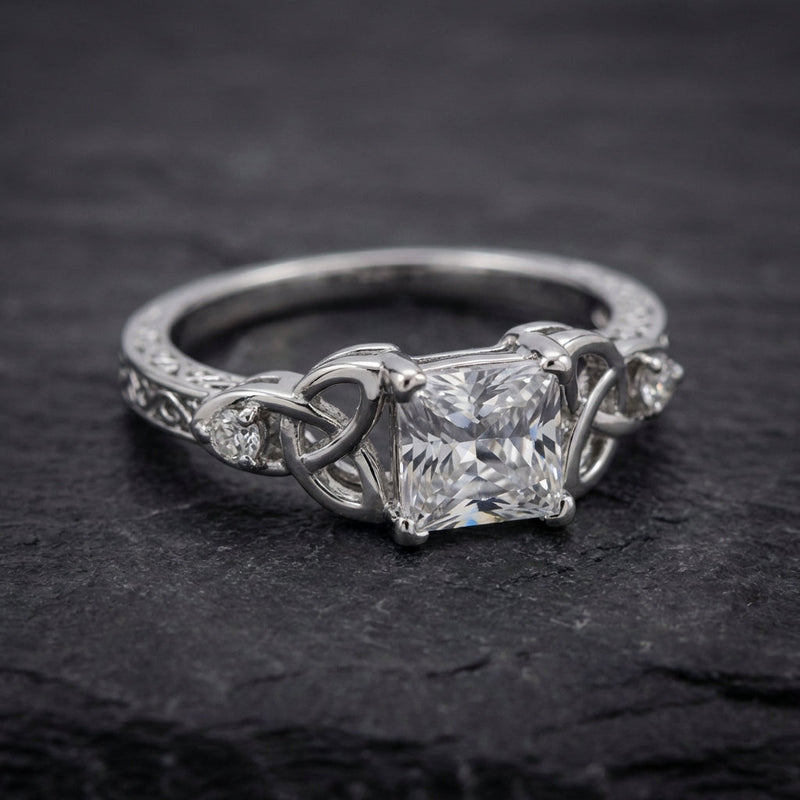 Silver Center Square Gem Knot Design Ring