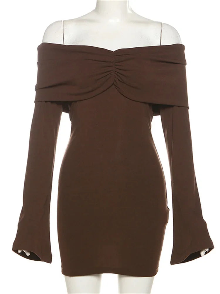 Pleated Slim Mini Dress Off-shoulder Long Sleeve Patchwork Party Dress Female Backless Drerss