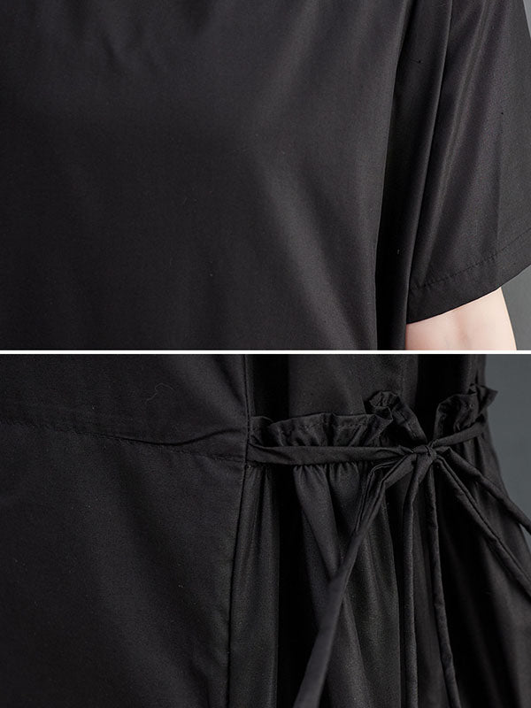 Loose Short Sleeves Color Split-joint Round-neck Midi Dresses