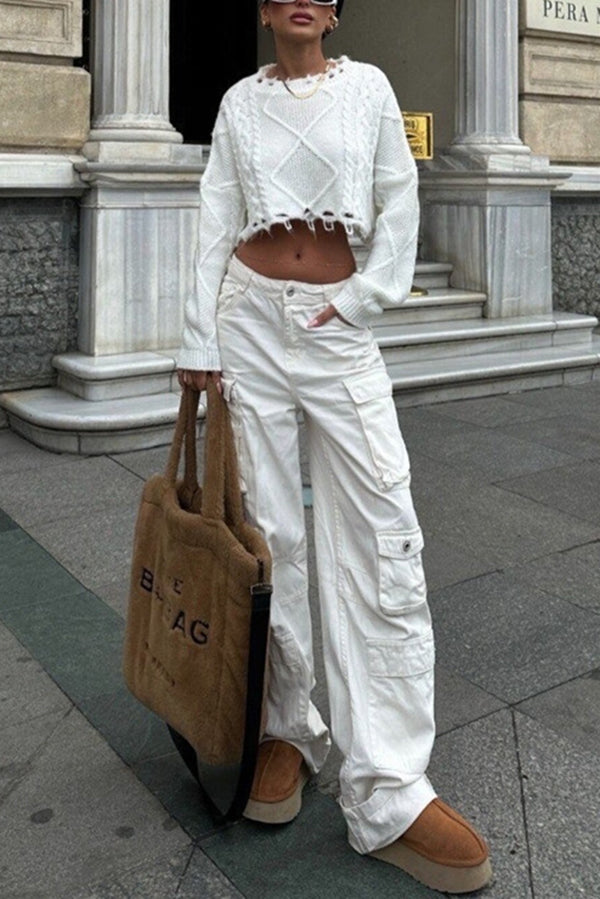 Color Round Neck Long Sleeve Ripped Edge Short Knitted Sweater