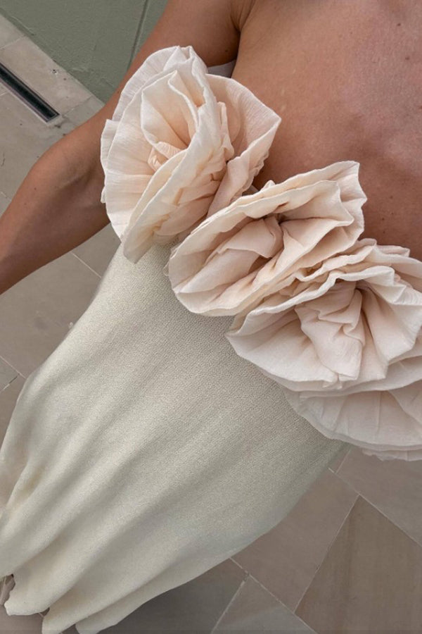 Blooming Flower Applique Elastic Off Shoulder Strapless Maxi Dress
