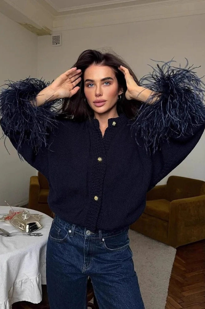 Button Feather Paneled Sweater