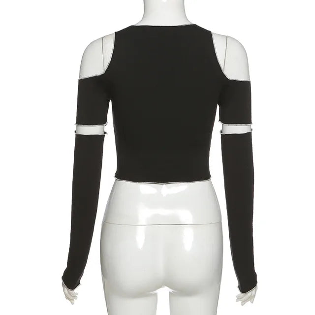 Patchwork Black T-shirts Gothic One Shoulder Sleeve Crop Tops Ruffles Hem Hip Hop Techwear Tees