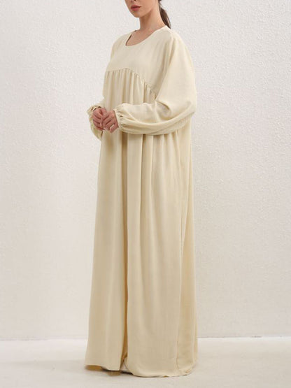 Long Sleeves Loose Pleated Color Split-joint Round-neck Maxi Dresses