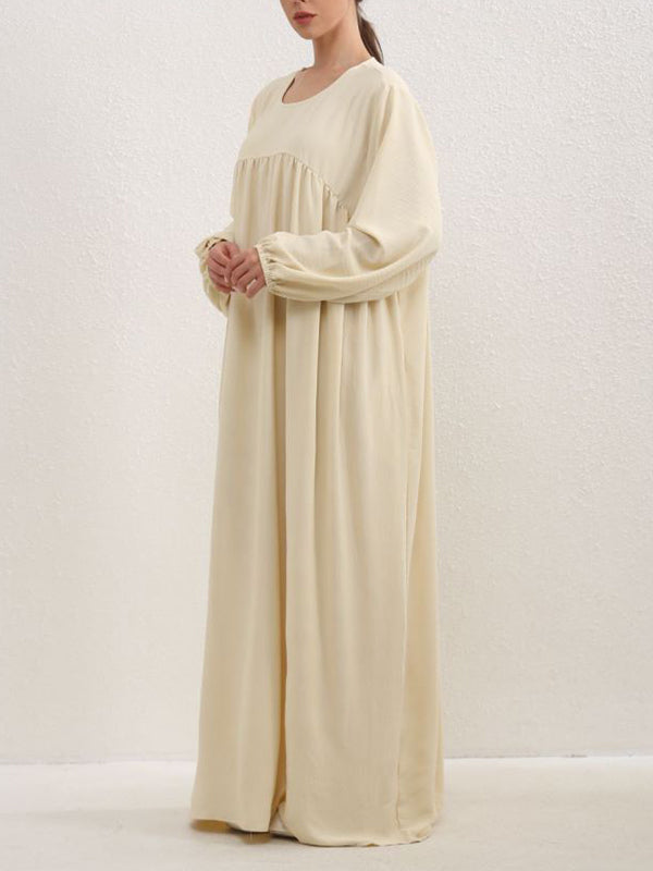 Long Sleeves Loose Pleated Color Split-joint Round-neck Maxi Dresses