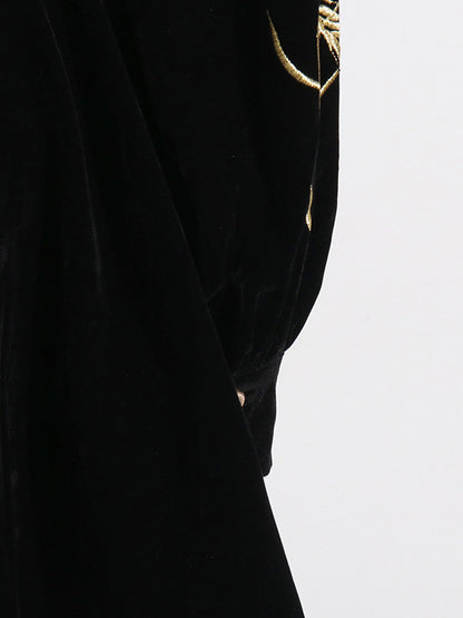 Loose Puff Sleeves Embroidered Tied Waist V-neck Mini Dresses