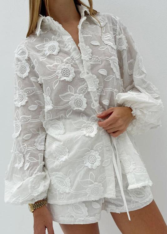 Breeze - Sheer Embroidered Shirt & High-waist Shorts Set