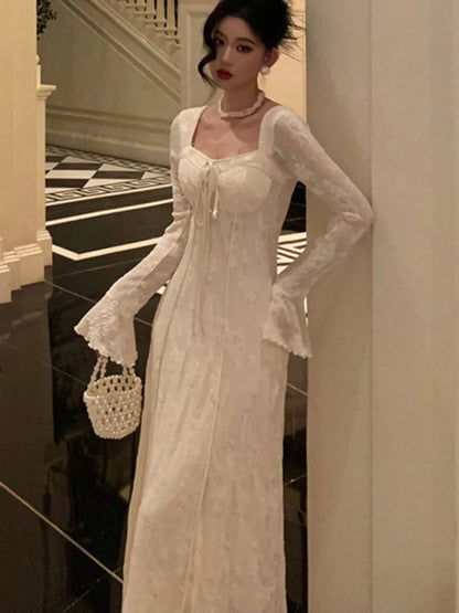 ’s Midi Dress Flare Sleeves Square Collar A-line Lace Up Autumn Spring French Prom Robe Vestidos New