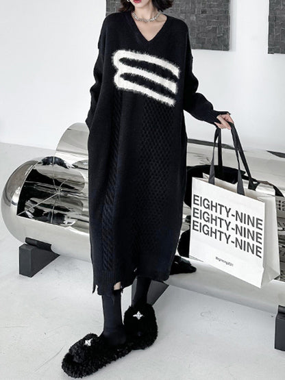 Long Sleeves Loose Split-joint Split-side V-neck Midi Dresses Sweater Dresses