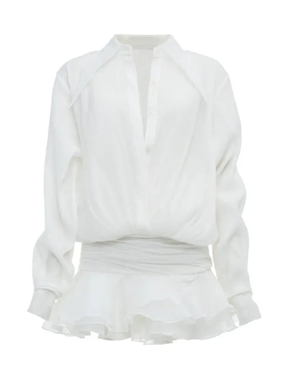 New White Chiffon Dress for Ruffled Pleated Mini Dress See-through Loose Oversized Shirt Dress Cover-up