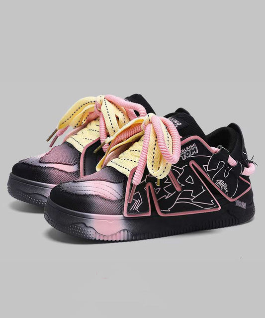 New Black Lace Up Splicing Platform Flat Shoes