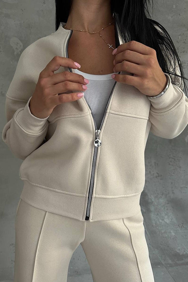 Color Long Sleeve Zipper Jacket and Elastic Waist Pocket Wide Leg Pants Set