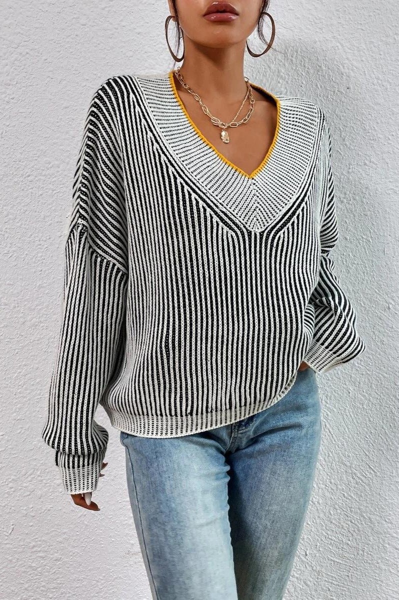 Striped Colorblock V-neck Batwing Sweater