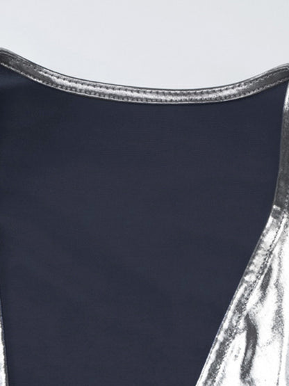 Bodycon Long Sleeves Pleated Shiny Color Split-joint V-neck Midi Dresses