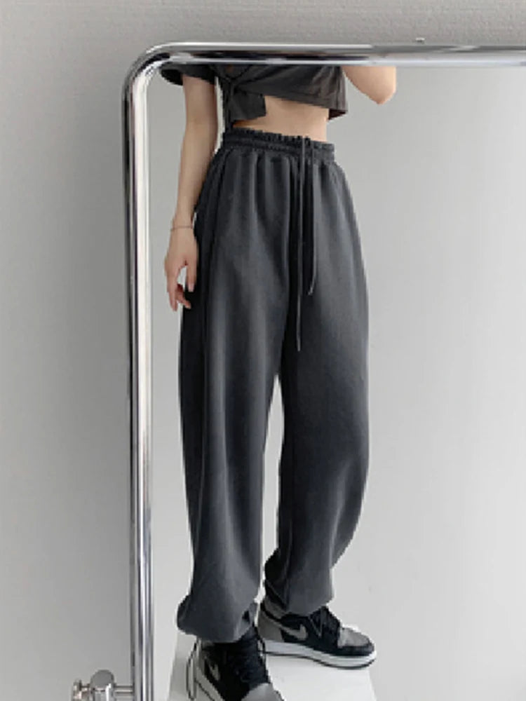 Korean White Blue Pants High Waist Loose Drawstring Harem Pants Comfortable Female Sports Street Pants S-xl