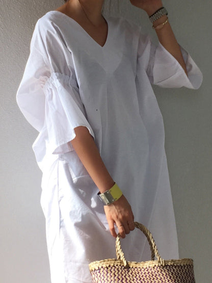Half Sleeves Loose Pleated Color V-neck Midi Dresses