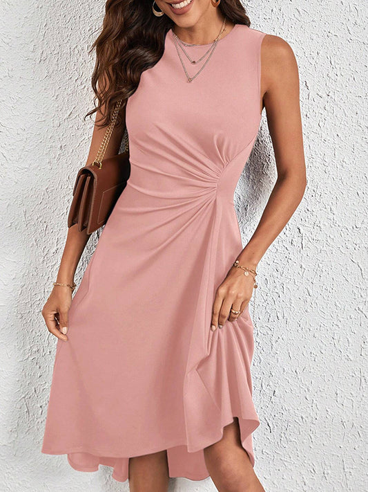 A-line High Waisted Asymmetric Pleated Color Split-joint Round-neck Midi Dresses