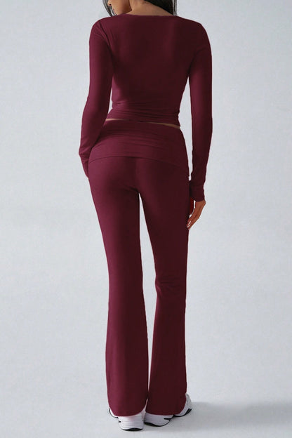 V Neck Flared Stretch Two Piece Pants Set