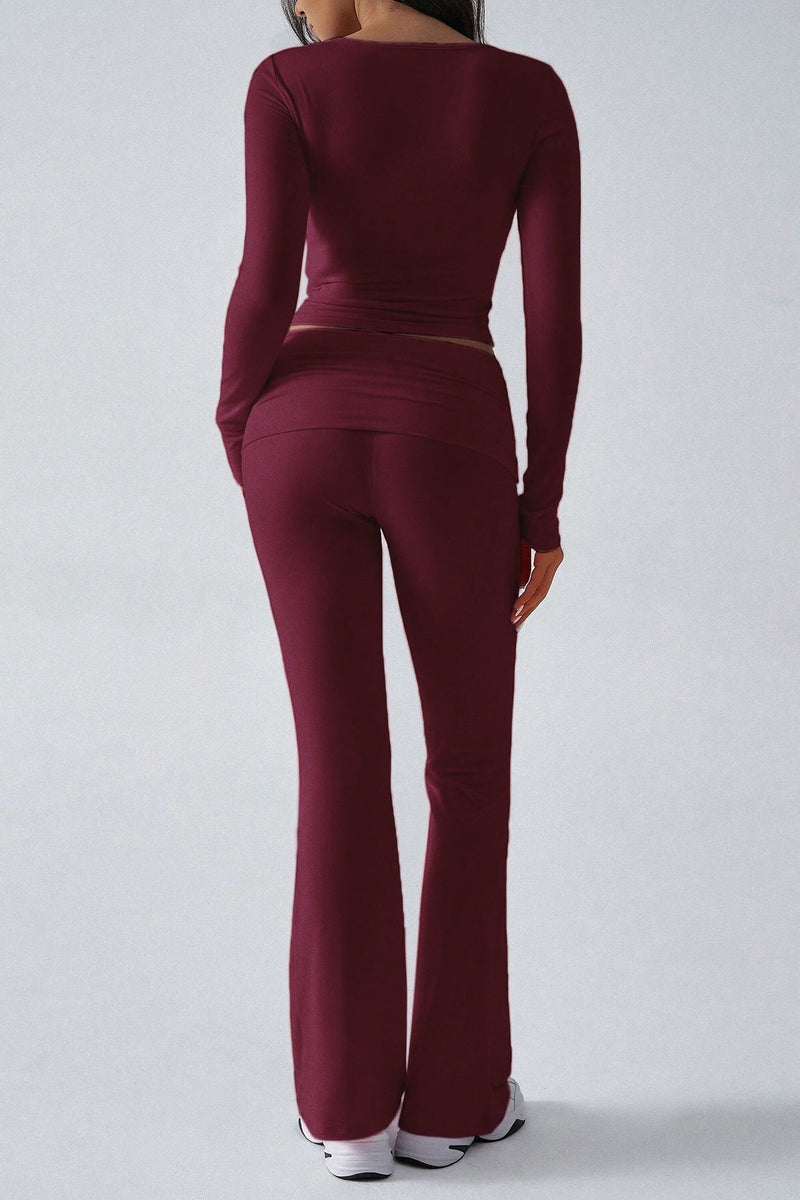 V Neck Flared Stretch Two Piece Pants Set