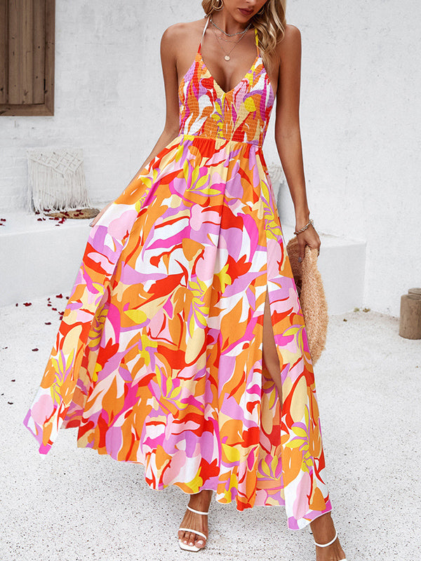 High Waisted Sleeveless Backless Elasticity Pleated Printed Split-side Tied Halter-neck Maxi Dresses