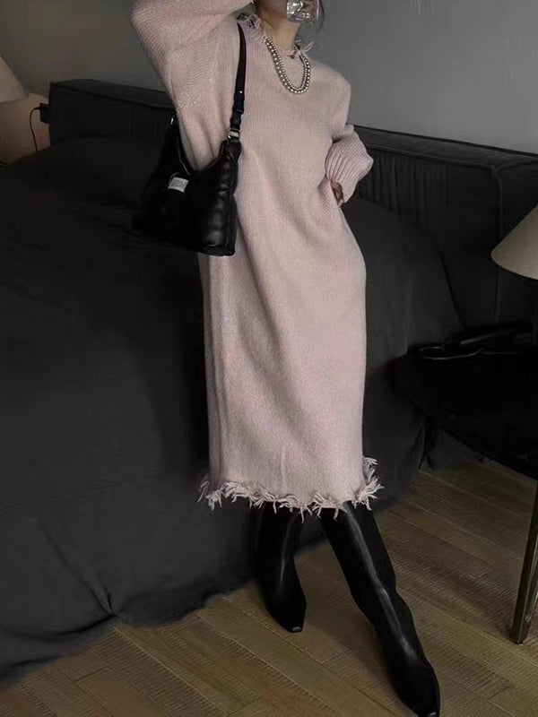 High Waisted Long Sleeves Fringed Color Round-neck Midi Dresses Sweater Dresses