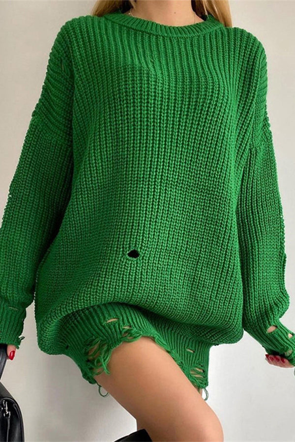 Color Loose Ripped Knitted Mid-length Sweater