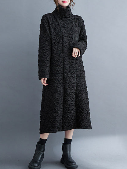 Long Sleeves Loose Color Textured High-neck Cotton Padded Midi Dresses