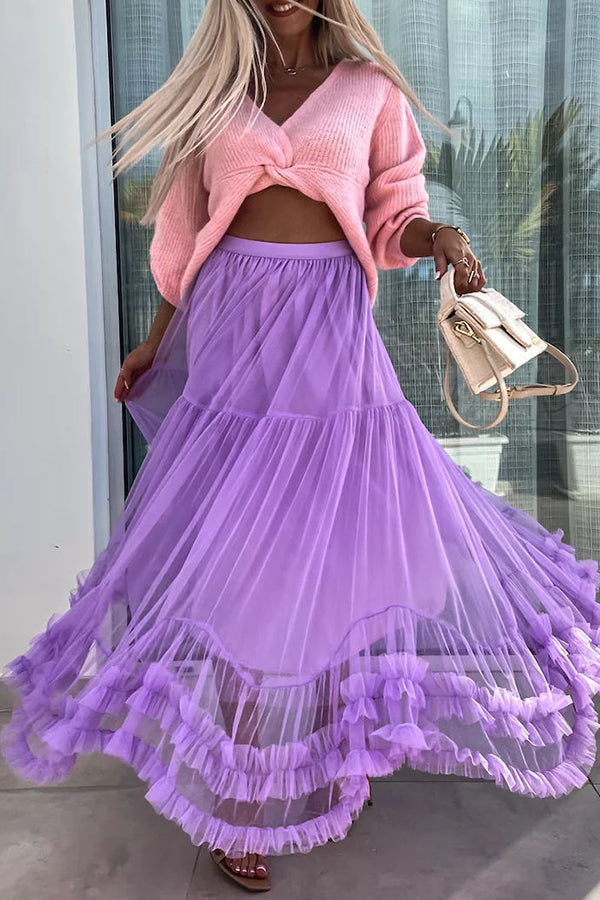 Tulle Stretch Waist Paneled Pleated Maxi Skirt