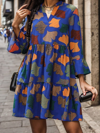 A-line Flared Sleeves Leaves Print Pleated Split-joint V-neck Mini Dresses