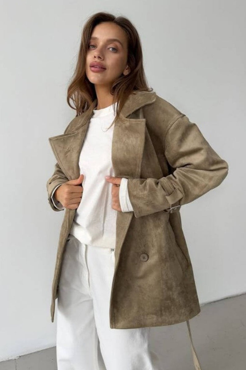 Suede Lapel Tie Waist Jacket Coat