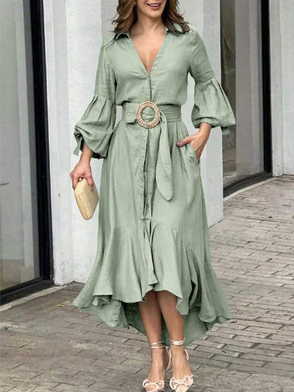 High-low Puff Sleeves Pleated Color Lapel Collar Maxi Dresses