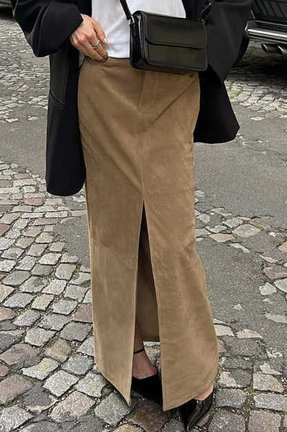 Suede Brown High Waist Split Midi Skirt