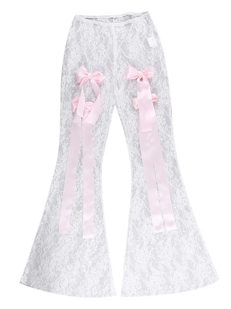 Bow Lace See-through Printed High Waist Mesh ’s Pants